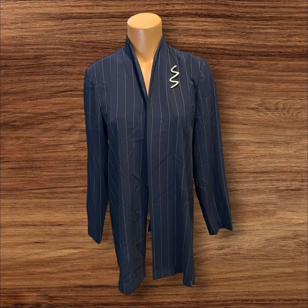 ☑️ Vintage 90s S.L. Fashions Navy Pinstripe Long Blazer Built-In Brooch Size 6